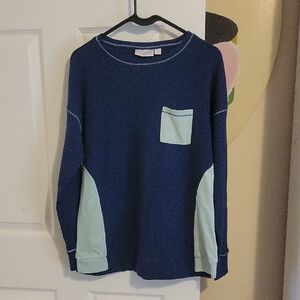 Kim Gravel SzM Blue ribbed cotton blend top Light Green Accents front pocket